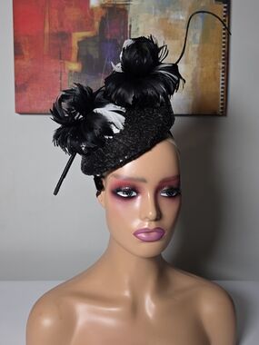 Black Feathered Sequined Cocktail Fascinator Hat - Women Accessories